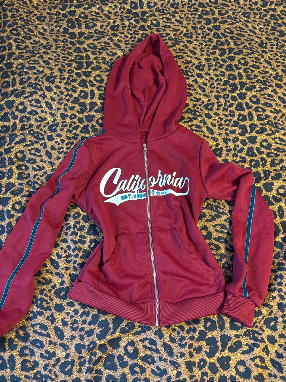 California Script Zip-Up Hoodie - Burgundy with Teal Trim